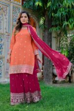 Light Orange Color Faux Georgette Fabric Thread With Sequence Work Palazzo Suit