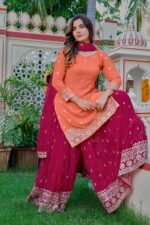 Light Orange Color Faux Georgette Fabric Thread With Sequence Work Palazzo Suit