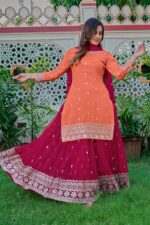 Light Orange Color Faux Georgette Fabric Thread With Sequence Work Palazzo Suit