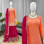 Light Orange Color Faux Georgette Fabric Thread With Sequence Work Palazzo Suit