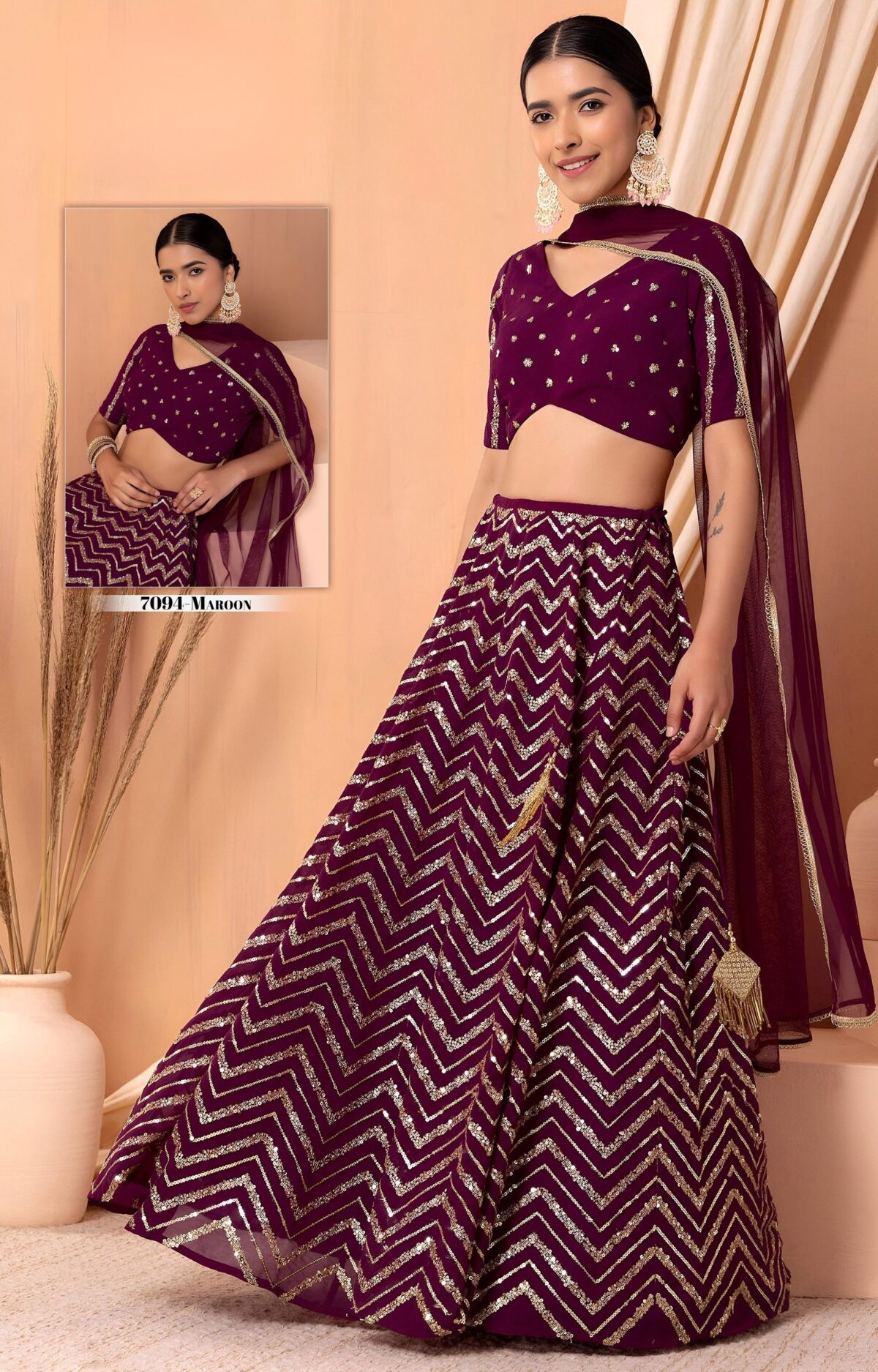 Maroon Color Georgette Fabric Zari With Sequence Embroidery Work Lehenga