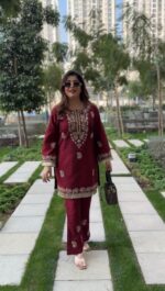 Maroon Color Slub Rayon Fabric Thread Work Suit