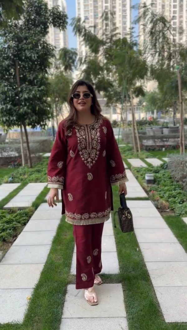 Maroon Color Slub Rayon Fabric Thread Work Suit