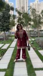 Maroon Color Slub Rayon Fabric Thread Work Suit