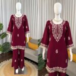 Maroon Color Slub Rayon Fabric Thread Work Suit