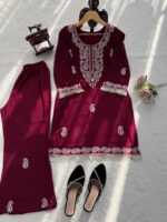 Maroon Color Slub Rayon Fabric Thread Work Suit