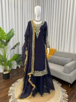 Navy Blue Color Faux Georgette Fabric Thread With Sequence Work Palazzo Suit