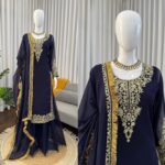 Navy Blue Color Faux Georgette Fabric Thread With Sequence Work Palazzo Suit