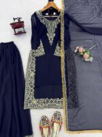 Navy Blue Color Faux Georgette Fabric Thread With Sequence Work Palazzo Suit