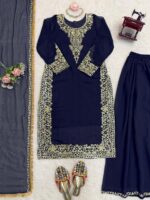 Navy Blue Color Faux Georgette Fabric Thread With Sequence Work Palazzo Suit