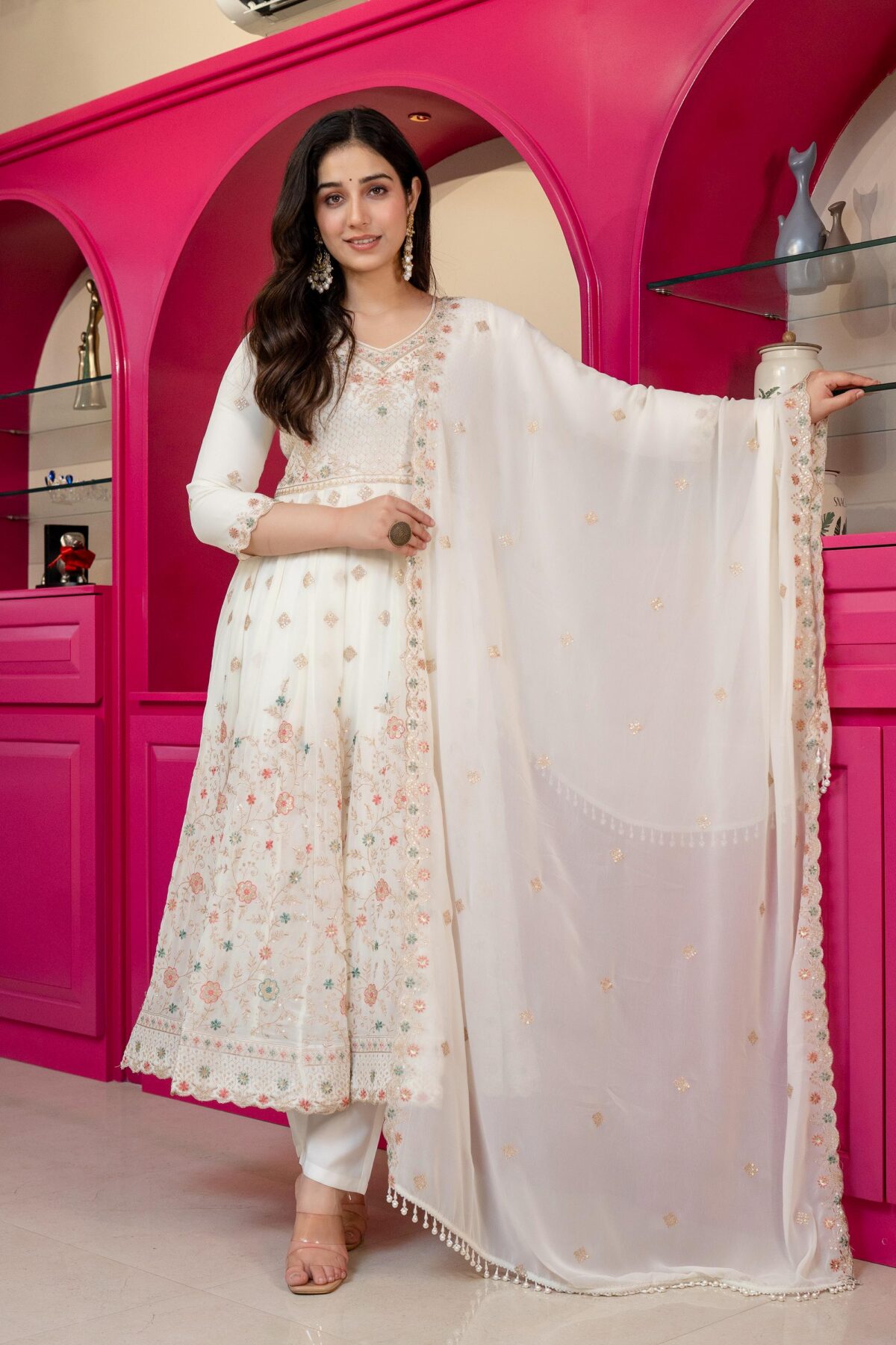 Off White Color Faux Blooming Fabric Sequence With Jari Work Anarkali Suit