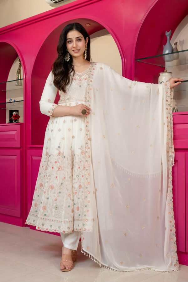 Off White Color Faux Blooming Fabric Sequence With Jari Work Anarkali Suit