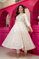 Off White Color Faux Blooming Fabric Sequence With Jari Work Anarkali Suit