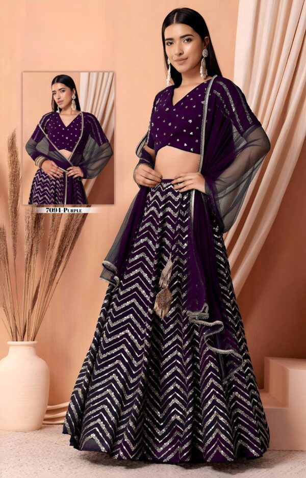 Purple Color Georgette Fabric Zari With Sequence Embroidery Work Lehenga