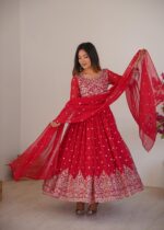 Red Color Faux Georgette Fabric Thread With Sequence Work Anarkali Suit