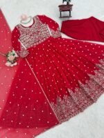 Red Color Faux Georgette Fabric Thread With Sequence Work Anarkali Suit