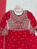Red Color Faux Georgette Fabric Thread With Sequence Work Anarkali Suit