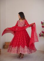 Red Color Faux Georgette Fabric Thread With Sequence Work Anarkali Suit