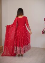 Red Color Faux Georgette Fabric Thread With Sequence Work Anarkali Suit