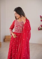 Red Color Faux Georgette Fabric Thread With Sequence Work Anarkali Suit