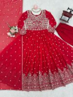 Red Color Faux Georgette Fabric Thread With Sequence Work Anarkali Suit