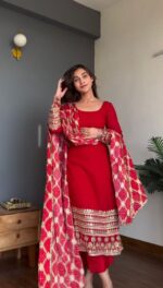 Red Color Faux Georgette Fabric Thread With Sequence Work Suit