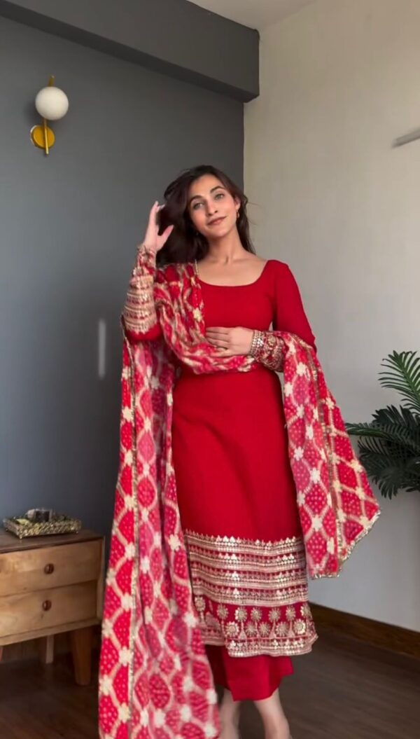 Red Color Faux Georgette Fabric Thread With Sequence Work Suit