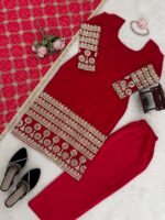 Red Color Faux Georgette Fabric Thread With Sequence Work Suit