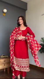 Red Color Faux Georgette Fabric Thread With Sequence Work Suit