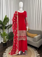 Red Color Faux Georgette Fabric Thread With Sequence Work Suit
