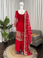 Red Color Faux Georgette Fabric Thread With Sequence Work Suit