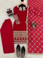 Red Color Faux Georgette Fabric Thread With Sequence Work Suit