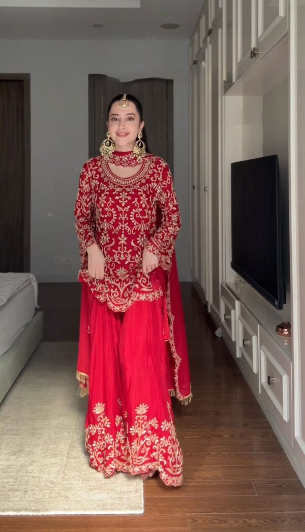 Red Color Faux Georgette Fabric Thread Work Sharara Set