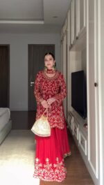 Red Color Faux Georgette Fabric Thread Work Sharara Set