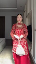 Red Color Faux Georgette Fabric Thread Work Sharara Set