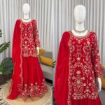 Red Color Faux Georgette Fabric Thread Work Sharara Set