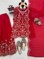 Red Color Faux Georgette Fabric Thread Work Sharara Set
