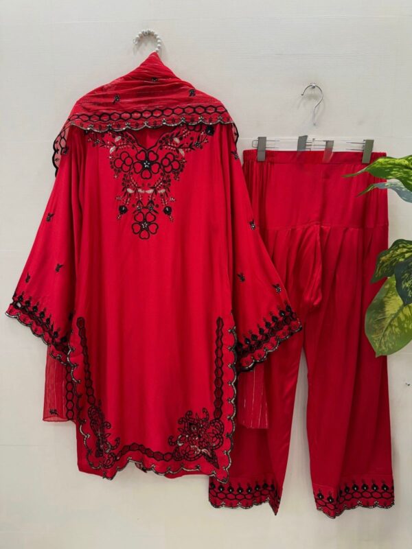 Red Color Mul Chanderi Fabric Sequence Work Farshi Style Suit