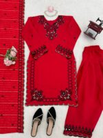 Red Color Mul Chanderi Fabric Sequence Work Farshi Style Suit