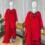 Red Color Mul Chanderi Fabric Sequence Work Farshi Style Suit