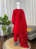 Red Color Mul Chanderi Fabric Sequence Work Farshi Style Suit