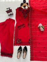Red Color Mul Chanderi Fabric Sequence Work Farshi Style Suit
