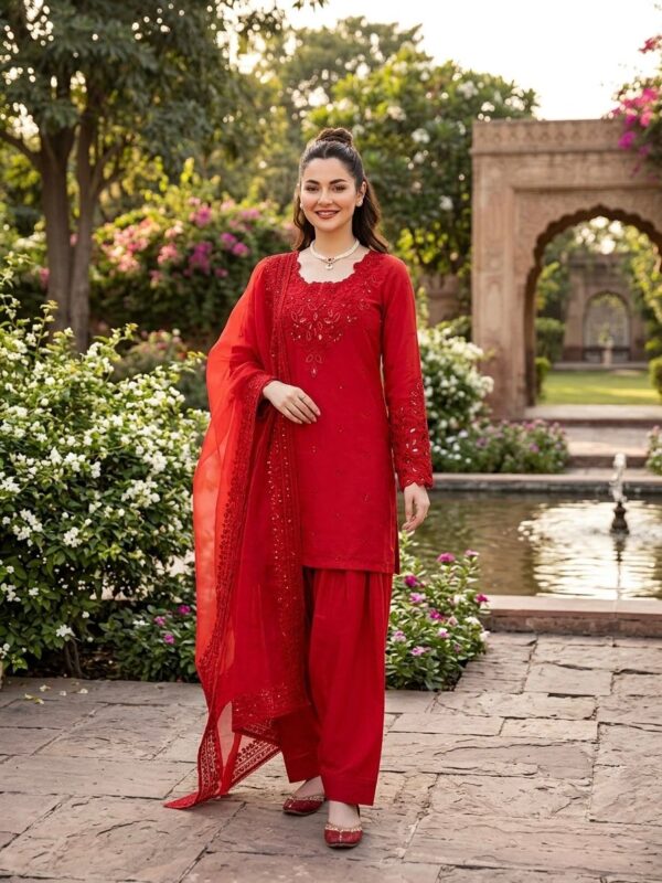 Red Color Natural Crepe Fabric Thread With Sequence Work Farshi Style Suit