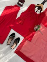 Red Color Natural Crepe Fabric Thread With Sequence Work Farshi Style Suit
