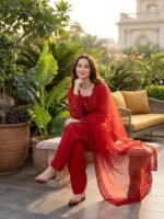 Red Color Natural Crepe Fabric Thread With Sequence Work Farshi Style Suit