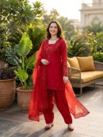 Red Color Natural Crepe Fabric Thread With Sequence Work Farshi Style Suit