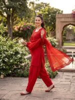 Red Color Natural Crepe Fabric Thread With Sequence Work Farshi Style Suit