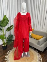 Red Color Natural Crepe Fabric Thread With Sequence Work Farshi Style Suit