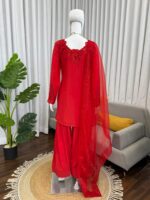 Red Color Natural Crepe Fabric Thread With Sequence Work Farshi Style Suit