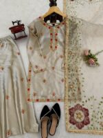 Silver Color Japan Satin Silk Fabric Thread With Sequence Work Palazzo Suit